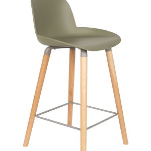 ZUIVER Albert Kuip barstol, m. ryglæn og fodstøtte - grøn polypropylen/natur asketræ (65cm)