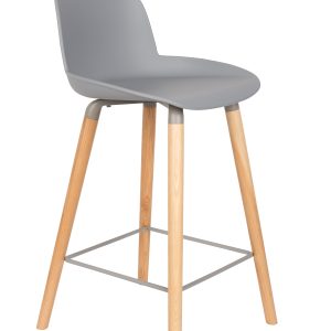 ZUIVER Albert Kuip barstol, m. ryglæn og fodstøtte - lysegrå polypropylen/natur ask (65cm)