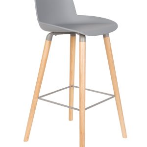 ZUIVER Albert Kuip barstol, m. ryglæn og fodstøtte - lysegrå polypropylen/natur ask (75cm)