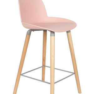 ZUIVER Albert Kuip barstol, m. ryglæn og fodstøtte - lyserød polypropylen/natur ask (65cm)