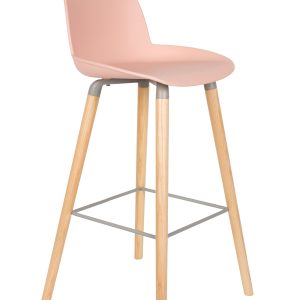 ZUIVER Albert Kuip barstol, m. ryglæn og fodstøtte - lyserød polypropylen/natur ask (75cm)