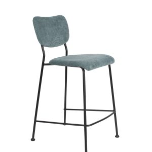 ZUIVER Benson barstol, m. ryglæn og fodstøtte - gråblå fløjl polyester/nylon og sort stål (64,5cm)