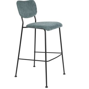 ZUIVER Benson barstol, m. ryglæn og fodstøtte - gråblå fløjl polyester/nylon og sort stål (75,5cm)
