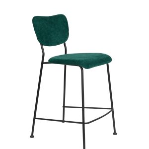 ZUIVER Benson barstol, m. ryglæn og fodstøtte - grøn fløjl polyester/nylon og sort stål (64,5cm)