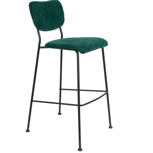 ZUIVER Benson barstol, m. ryglæn og fodstøtte - grøn fløjl polyester/nylon og sort stål (75,5cm)