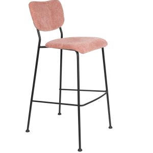 ZUIVER Benson barstol, m. ryglæn og fodstøtte - lyserød fløjl polyester/nylon og sort stål (75,5cm)