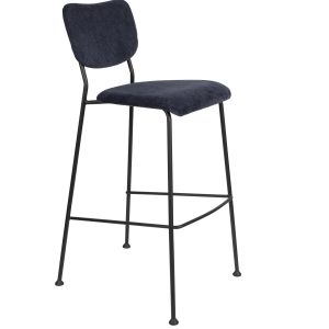 ZUIVER Benson barstol, m. ryglæn og fodstøtte - mørkeblå fløjl polyester/nylon og sort stål (75,5cm)