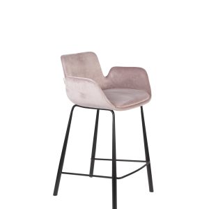 ZUIVER Brit barstol, m. ryglæn, armlæn og fodstøtte - lyserød polyester og sort stål