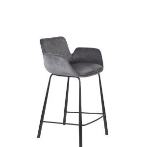 ZUIVER Brit barstol, m. ryglæn, armlæn og fodstøtte - mørkegrå polyester og sort stål