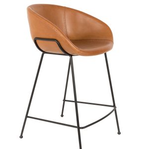 ZUIVER Feston barstol, m. ryglæn, armlæn og fodstøtte - brun PU og sort stål (65cm)