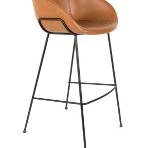 ZUIVER Feston barstol, m. ryglæn, armlæn og fodstøtte - brun PU og sort stål (76cm)