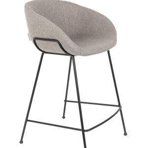 ZUIVER Feston barstol, m. ryglæn, armlæn og fodstøtte - grå polyester og sort stål (65cm)