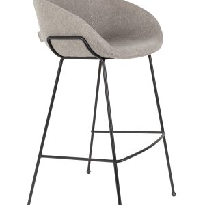 ZUIVER Feston barstol, m. ryglæn, armlæn og fodstøtte - grå polyester og sort stål (76cm)