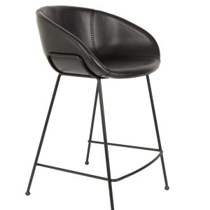 ZUIVER Feston barstol, m. ryglæn, armlæn og fodstøtte - sort PU og sort stål (65cm)