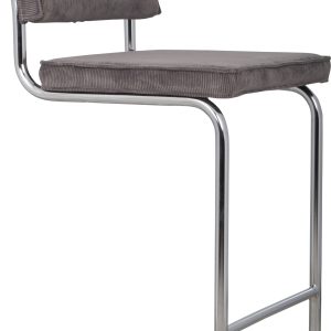 ZUIVER Ridge Rib Kink barstol, m. ryglæn og fodstøtte - grå fløjl og sølv krom