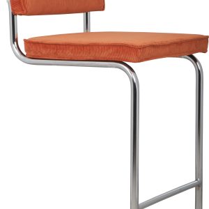ZUIVER Ridge Rib Kink barstol, m. ryglæn og fodstøtte - orange fløjl og sølv krom