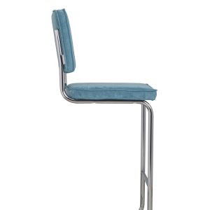 ZUIVER Ridge Rib barstol, m. ryglæn og fodstøtte - blå fløjl polyester/nylon og sølv krom