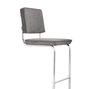 ZUIVER Ridge Rib barstol, m. ryglæn og fodstøtte - grå fløjl polyester/nylon og sølv krom