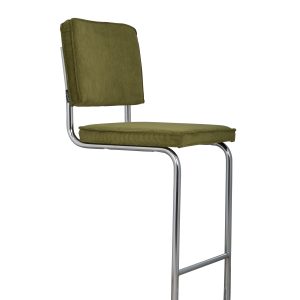 ZUIVER Ridge Rib barstol, m. ryglæn og fodstøtte - grøn fløjl polyester/nylon og sølv krom