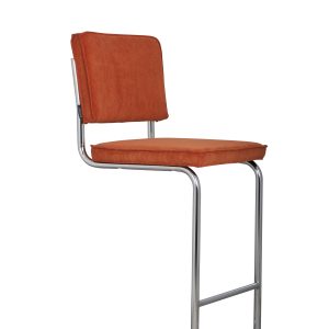ZUIVER Ridge Rib barstol, m. ryglæn og fodstøtte - orange fløjl polyester/nylon og sølv krom