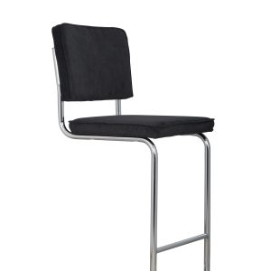 ZUIVER Ridge Rib barstol, m. ryglæn og fodstøtte - sort fløjl polyester/nylon og sølv krom