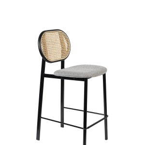 ZUIVER Spike barstol, m. ryglæn og fodstøtte - natur rattan, grå polyester og sort stål (64,5cm)
