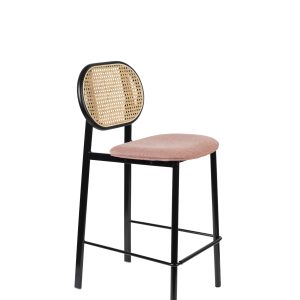 ZUIVER Spike barstol, m. ryglæn og fodstøtte - natur rattan, lyserød polyester og sort stål (64,5cm)